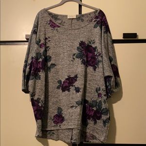 Heather Grey Sweater w/ Purple Roses